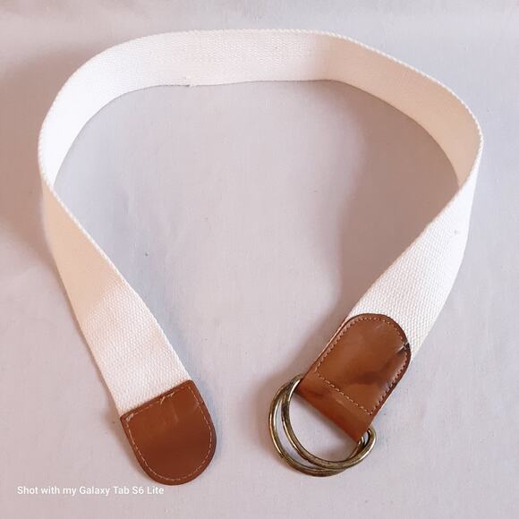 Hong Kong Womens Sucingle Belt Small Medium Peanut Brown White Canvas Cotton - Picture 5 of 12